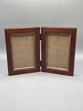 Vintage Cherry Wood Folding Double Picture Frame Hinged Tabletop Desk Twin Photo